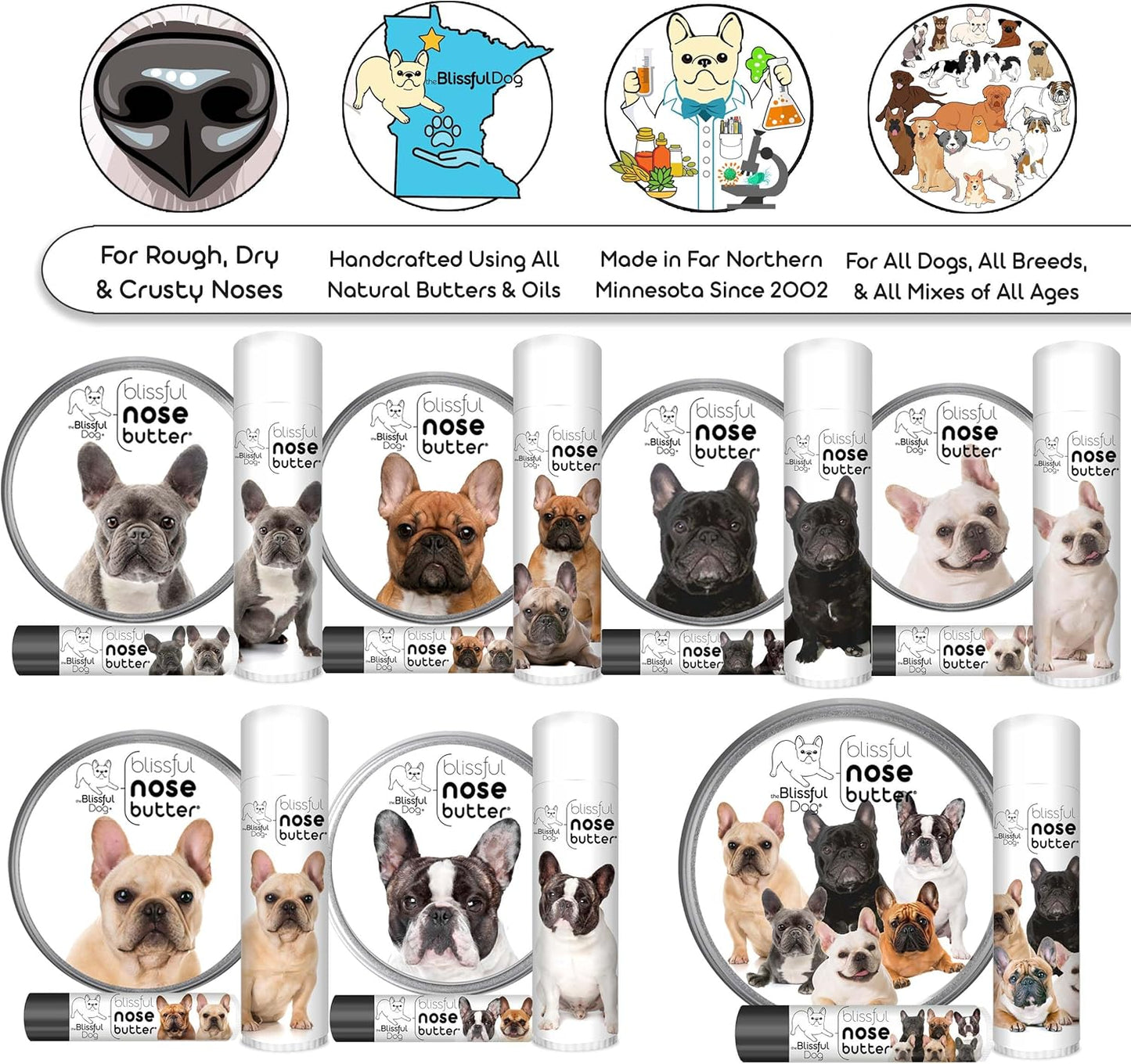 The Blissful Dog French Bulldog Pied Nose Butter for Dry, Cracked Skin, Lick-Safe Dog Nose Balm with Moisturizing Shea Butter, Almond, Olive, and Essential Oils, Pet Supplies, Uncented, 8 oz.