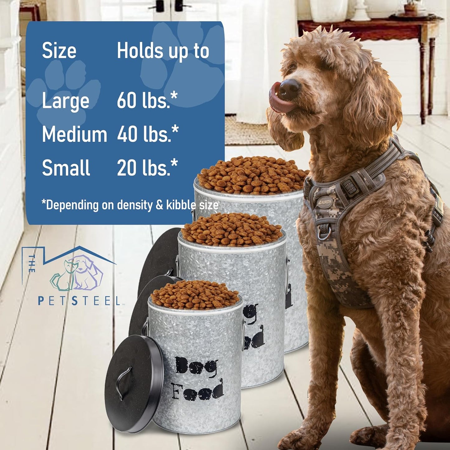 Medium 40lb Dog & 30lb Cat Pet Food Storage Canister with Scoop Combination โ Durable & Airtight for Freshnesss, Minimalist Design & Recyclable, Medium Metal Container