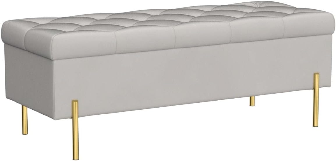Velvet Storage Bench Ottoman with Soft Close Lid, End of Bed Bench Upholstered Fabric Storage Ottoman Bench for Bedroom Entryway Living Room, Grey
