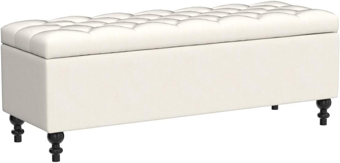Ottoman with Storage,50.2-inch Upholstered End of Bed Storage Bench for Bedroom,for The Living Room,for Entryway, with Button and Safety Hinges,Detachable (White)