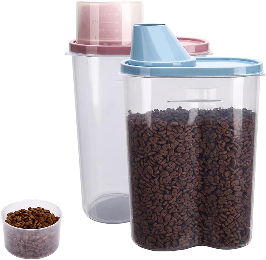 GreenJoy 2 Pack 2lb/2.5L Pet Food Storage Container with Measuring Cup, Can Covers and Bowl for Small Dog, Cat, Waterproof-BPA Free (Blue and Pink)