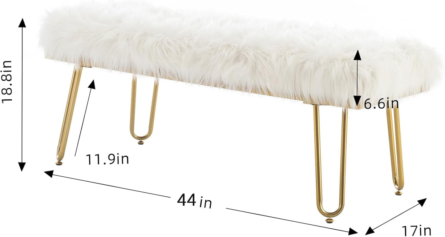 42.5Inch White Bedroom Bench, Benches for Bedroom White Faux Fur Upholstered Bed end Bench, Tufting Bench Indoor Bench with Metal Legs for Living Room Bedroom Dining Room Entryway