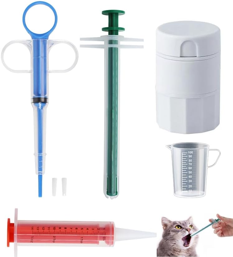 Cat Pill Shooter 5-in-1 Kit, Pet Pill Cutter and Crusher for Cats and Dogs, Dog Tablet Soft Tip Syringe and Medical Feeding Liquid Dispenser Tool with Plastic Measuring Cup 100ml