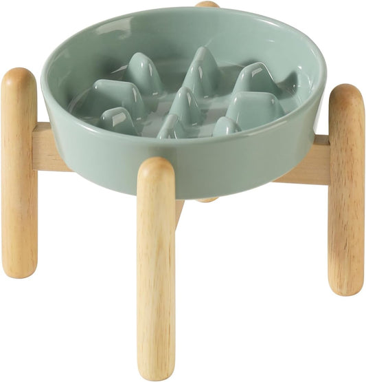 6.1inch Ceramic Dog Raised Slow Feeder Set, Elevated Bowl with Wooden Stand for Small Dog, Pet Slow Feeder Dish for Fast Easters, Anti-Gulping(Light Green, Single Bowl+ Stand)