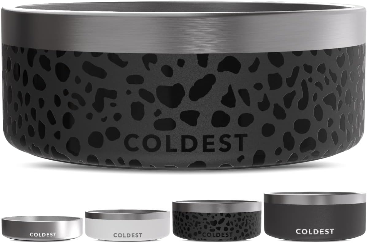 Coldest Dog Bowl - Anti Rust Metal, Non Slip, 3 Layers Insulated Stainless Steel Dog Bowls - Spill Proof & Heavy Duty - Water Bowl for Dogs, Cats & Pets, Dish Washer Safe (64 oz, Black Leopard)
