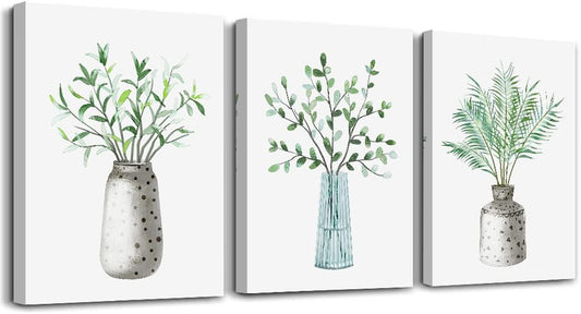 AHUASJART Canvas Wall Art Paintings For Kitchen Dining Room Large Size Wall Decor Living Room Wall Decoration For Bedroom Office Decor Green Leaf Vase Wall Pictures Artwork For Home Walls 3 Piece