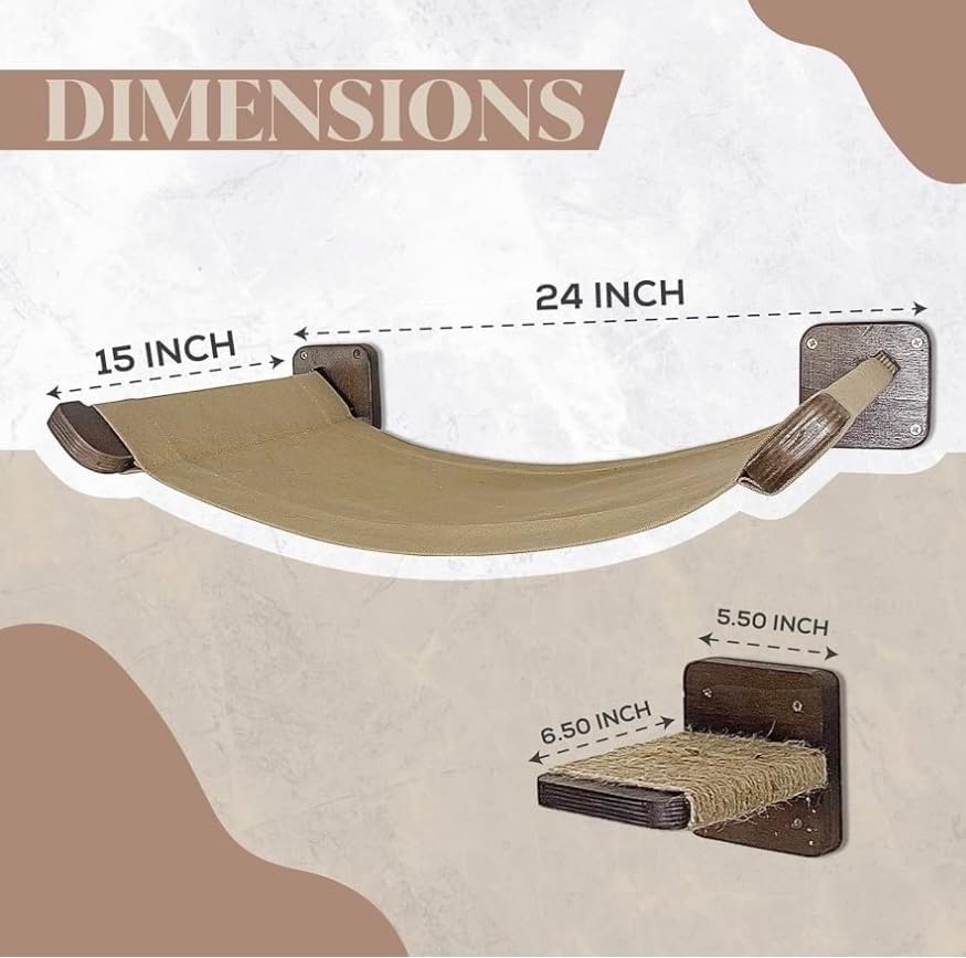 Multi-Level Cat Wall Hammock with Plush Cushion and Two Steps - Shelves Set with Perches for Playing, Climbing, and Sleeping - Wooden Cat Wall Bed