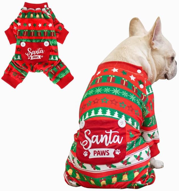 BEA Christmas Dog Pajamas for Small Dogs, Soft Fleece Pet Sweater Clothes Warm Puppy Onesie Outfits for Doggie Winter Christmas - Collar Adjustable Dog Pjs Jammies, Red S