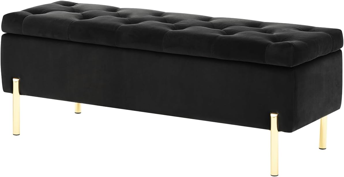 Velvet Storage Bench Ottoman,Versatile Seating with Hidden Storage,End of Bed Bench,Tufted Bench for Bedroom,Living Room,Entryway,Black