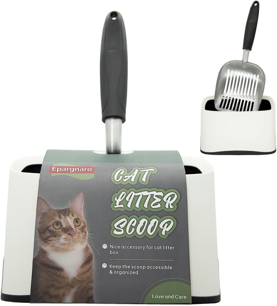 Heavy Duty Cat Litter Scoop with Holder - All Metal Cat Litter Scooper with Holder - Speed Sifter Litter Box Scooper Captures All Clumps - Aluminum Cats Littter Scooper and Caddy