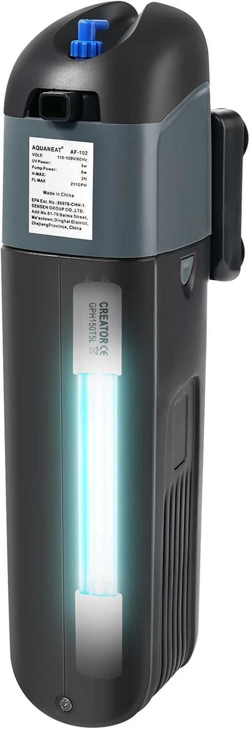 AQUANEAT Aquarium Filter 5W UV Bulb Green Water Killer Submersible Pump Filter 132 GPH for 75 Gallon Fish Tank