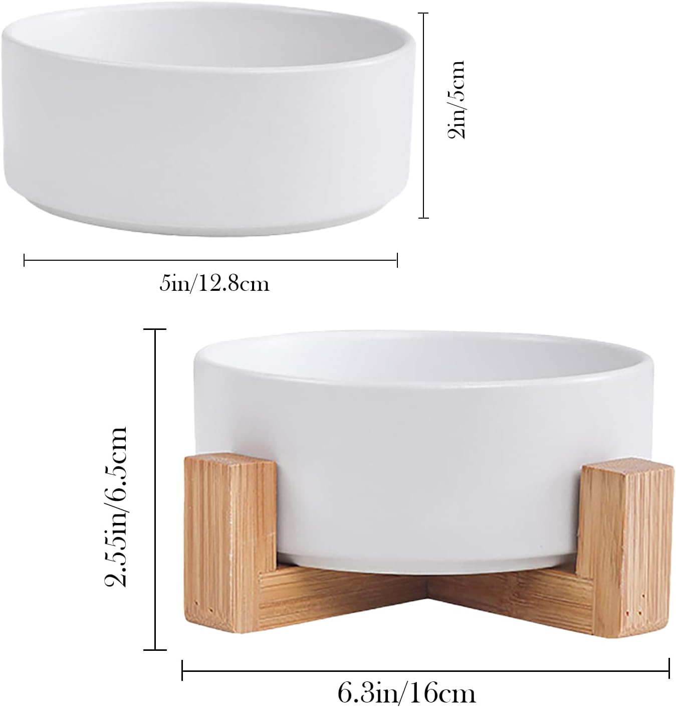 Ceramic Dog Cat Bowl with Wood Stand,Cat Food & Water Bowls Elevated Non-Spill Modern Cute Kitty Dishes Heavy Weighted Round Pet Dishes Set for Kitten Small Cat(White)