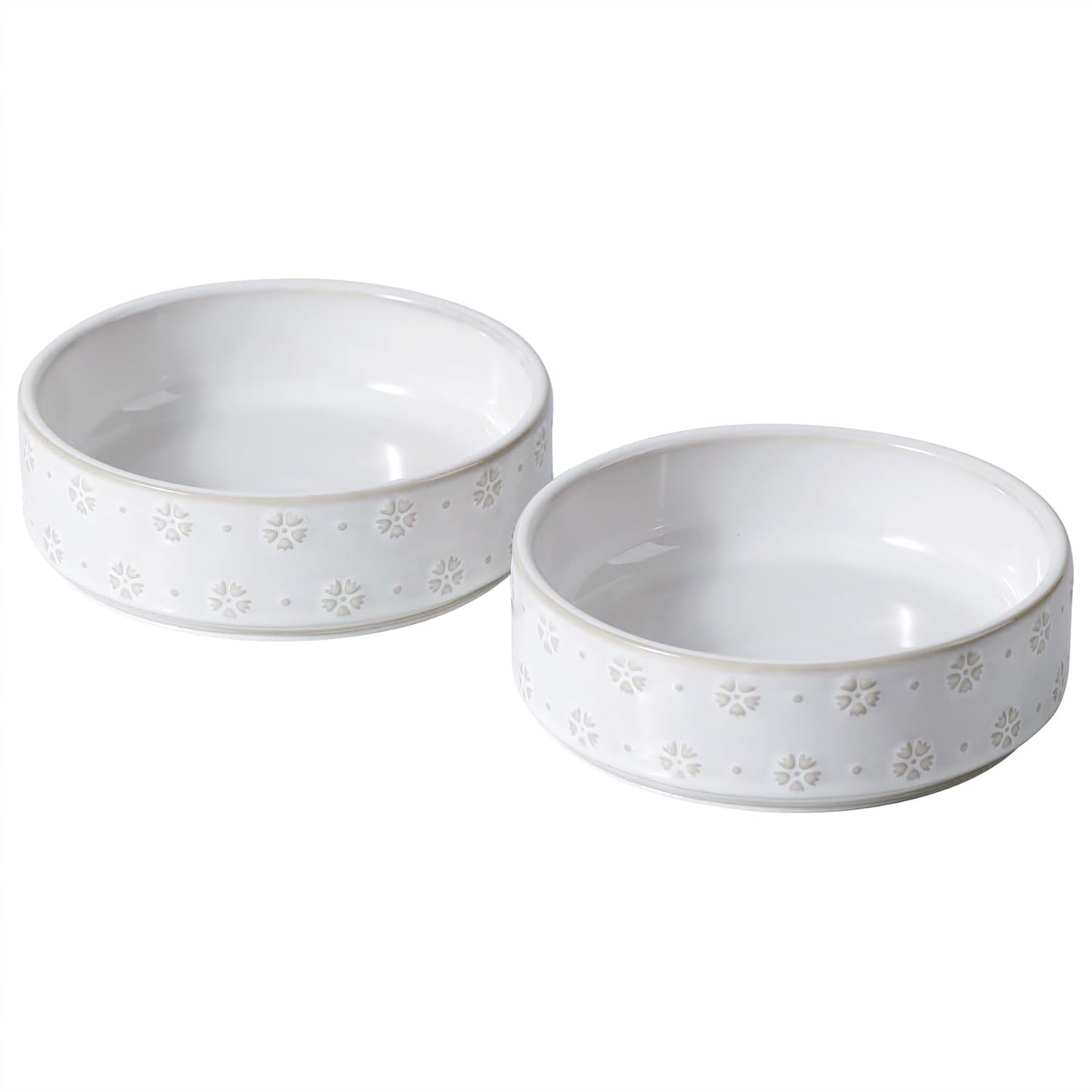 6.1inch Ceramic Set of 2 Dog and Cat Bowls, Food and Water Bowls for Toy Breed Dogs, Kitty, 2pcs Pet Dishes, Cat Feeder(2Dishes, White with Snowflake Pattern)