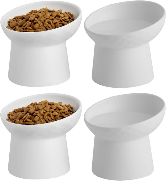 4 Pcs Small Ceramic Raised Cat Bowls, Tilted Elevated Food or Water Bowls, Stress Free, Backflow Prevention, Dishwasher and Microwave Safe, Lead & Cadmium Free(4pc White)