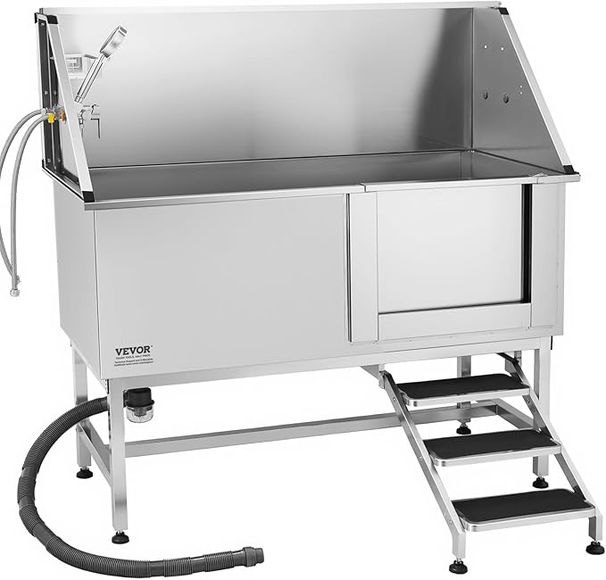 VEVOR Stainless Steel Dog Washing Station, 62 inch Pet Grooming Tub w/Stairs, PE Water Filter Board, Faucet & Showerhead & Soap Holder Dog Bathtub for Large & Medium & Small Pets (Right Door)