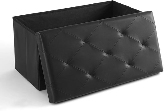 Sweetcrispy 30 Inches Folding Ottoman with Storage Bench, Foot Rest Stool, End of Bed Storage Bench Upholstered, Load 660 lbs, for Living Room, Lychee Grain Leather, Black