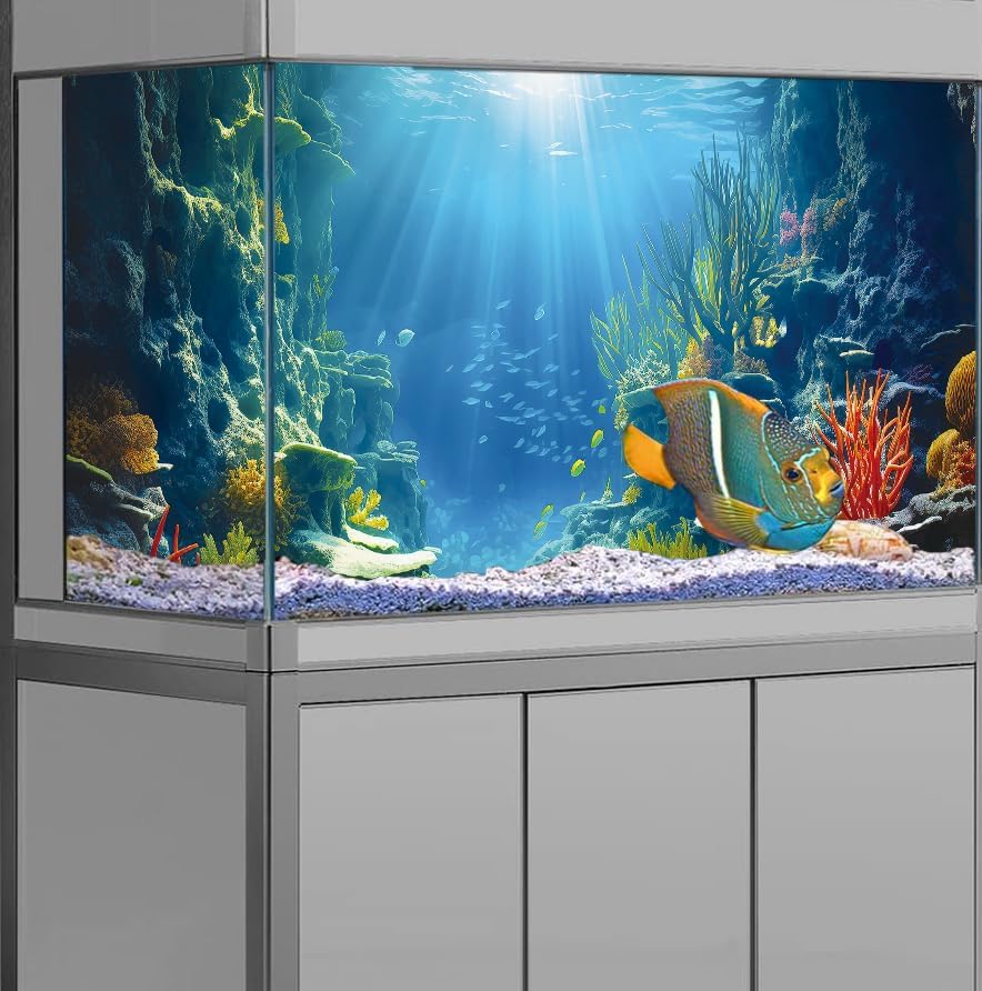 36X18IN Blue Sea Floor Aquarium Background, Natural Underwater World 3D Effect Fish Tank Decorations Background, Art Terrarium Background with 8 EVA Double-Sided Tape