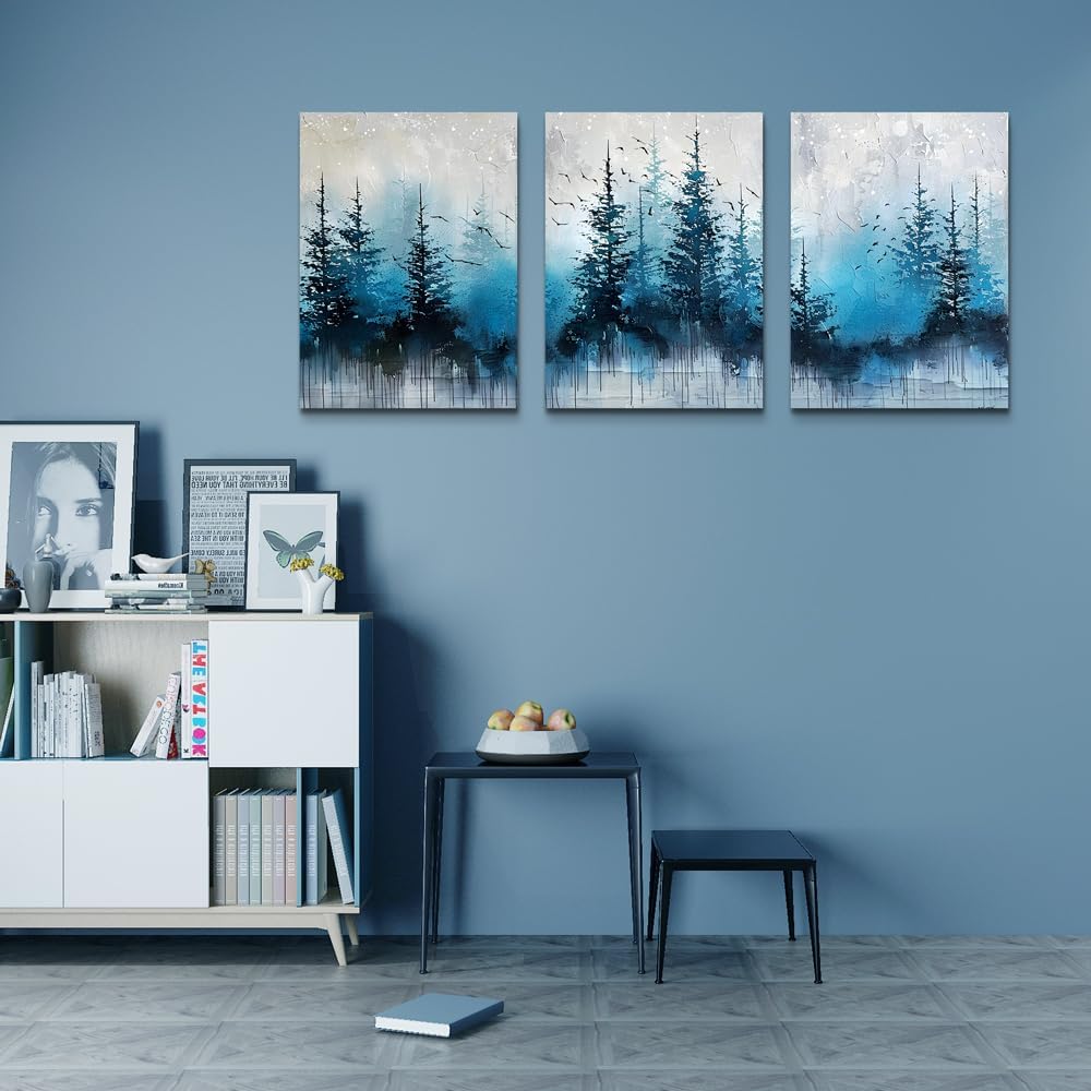 TTHYUEWS Boho Wall Art For Living Room Canvas Wall Decor For Bedroom Forest Landscape Wall Pictures Blue Tree Abstract Wall Paintings Artworks Ready To Hang Office Aesthetic Wall Decoration 3 Piece