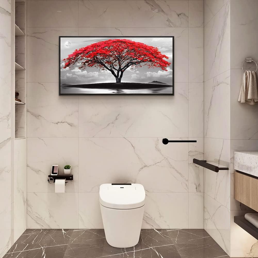 Framed Canvas Wall Art For Living Room Bathroom Wall Decor Black And White Landscape Red Tree Moon Scenery Hang Painting Home Decorations For Office Bedroom Kitchen Works Canvas Prints Pictures