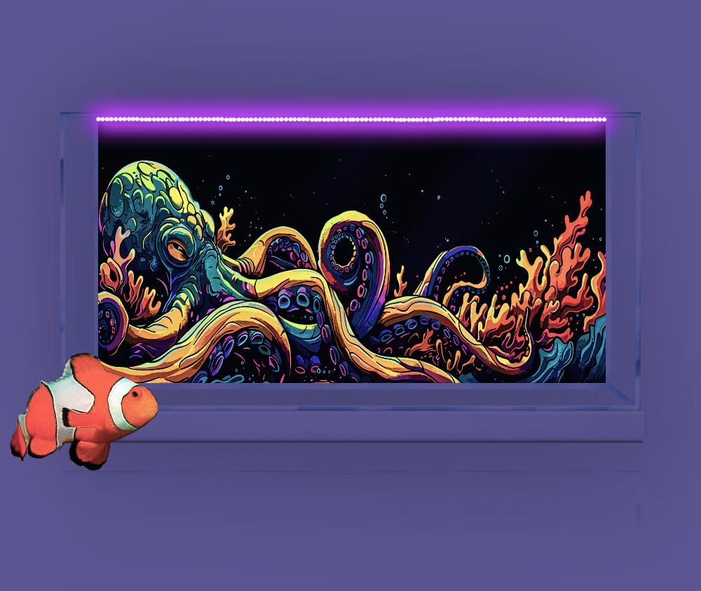 30X18IN Blacklight Octopus Sea Monster HD 3D Black Light Aquarium Background UV Reactive Background Terrarium Background with 10 EVA Double-Sided Tape