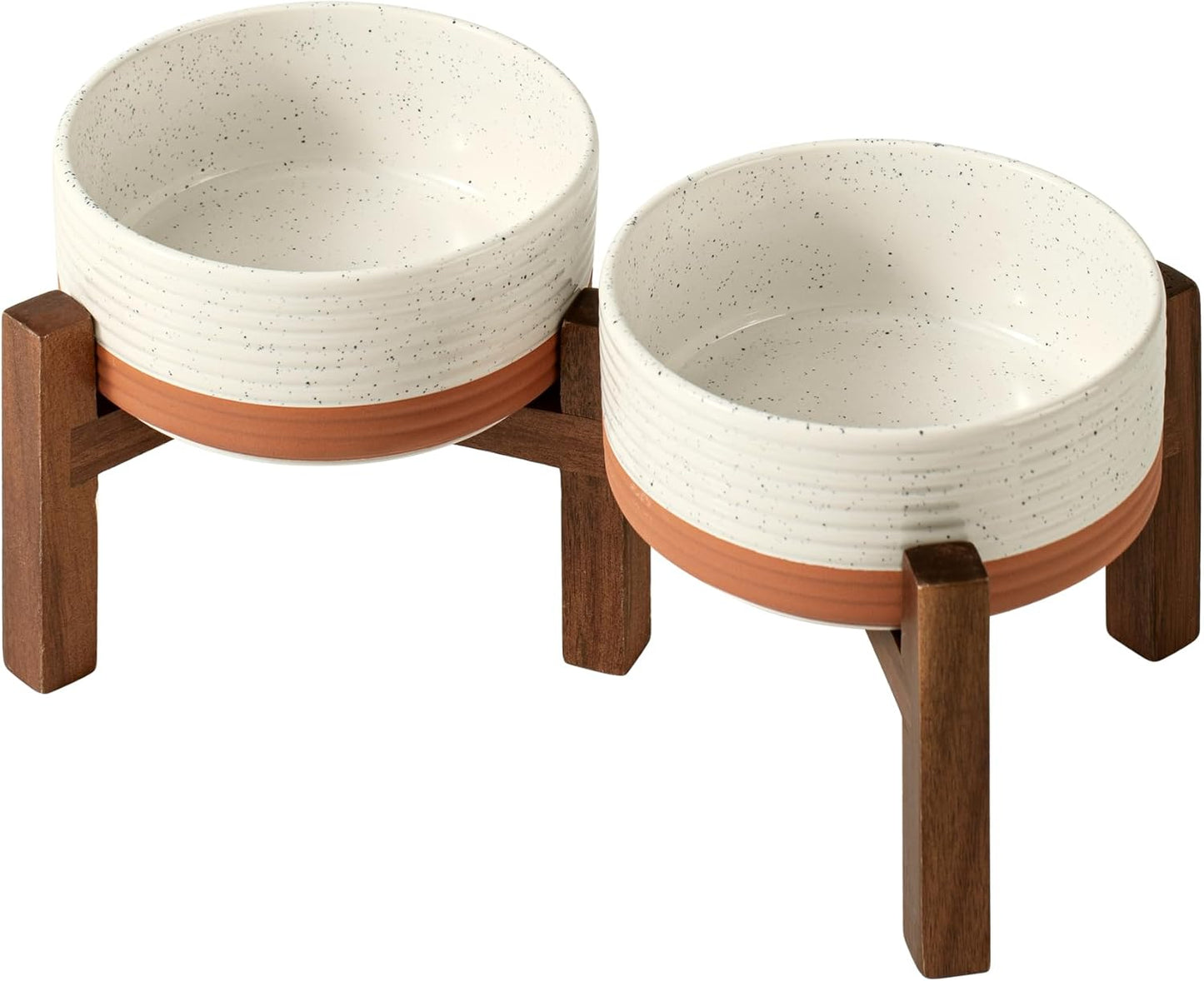 Ceramic 6.1inch Raised Double Dog Bowls Set with Acacia Wood Stand, 2 Heights Elevated, Food & Water Bowls for Small Dogs(28.2oz, Vanilla White)
