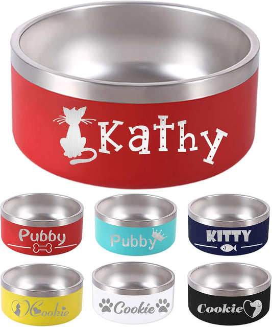 64OZ Personalized Dog Bowl Laser Engraved Custom Pet Name 18/32/42/64 oz No Slip Stainless Steel Insulated Bite-Resistant Food Water Dishes-Red