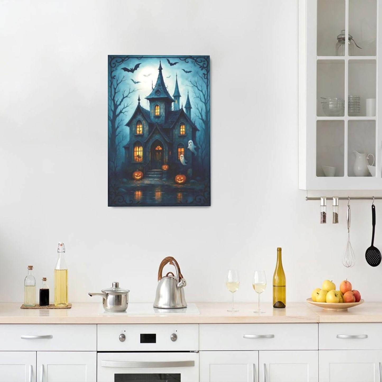 Halloween Gothic Wall Art Castle Pumpkin Ghost Bat Canvas Wall Decor Dark Academia Pictures Painting Print Framed Artwork Decorations Gifts for Halloween Living Room Bedroom Office 16"x24"