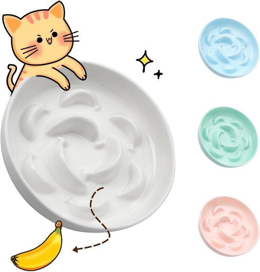 Ceramic Cat Slow Feeder Bowl - Pastel Series Cat Plate for Dry and Wet Food - Cute Maze Feeder Dish for Healthy Eating - Dishwasher Safe - 6.3''W x 1.2''H - 7 OZ - Ivory White