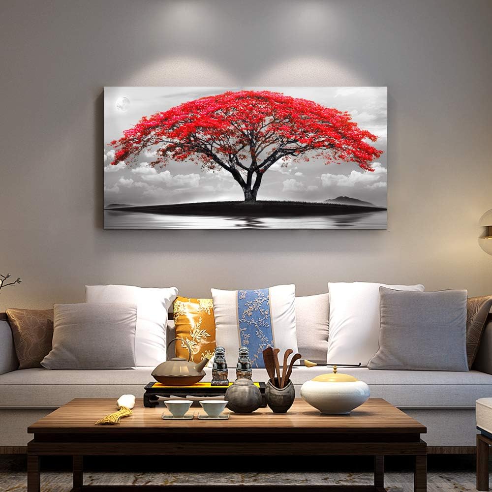 canvas wall art for living room bathroom Wall Decor Black and white landscape red tree moon scenery Hang painting Home Decorations for office bedroom kitchen Works canvas Prints pictures 24" x 48"inch