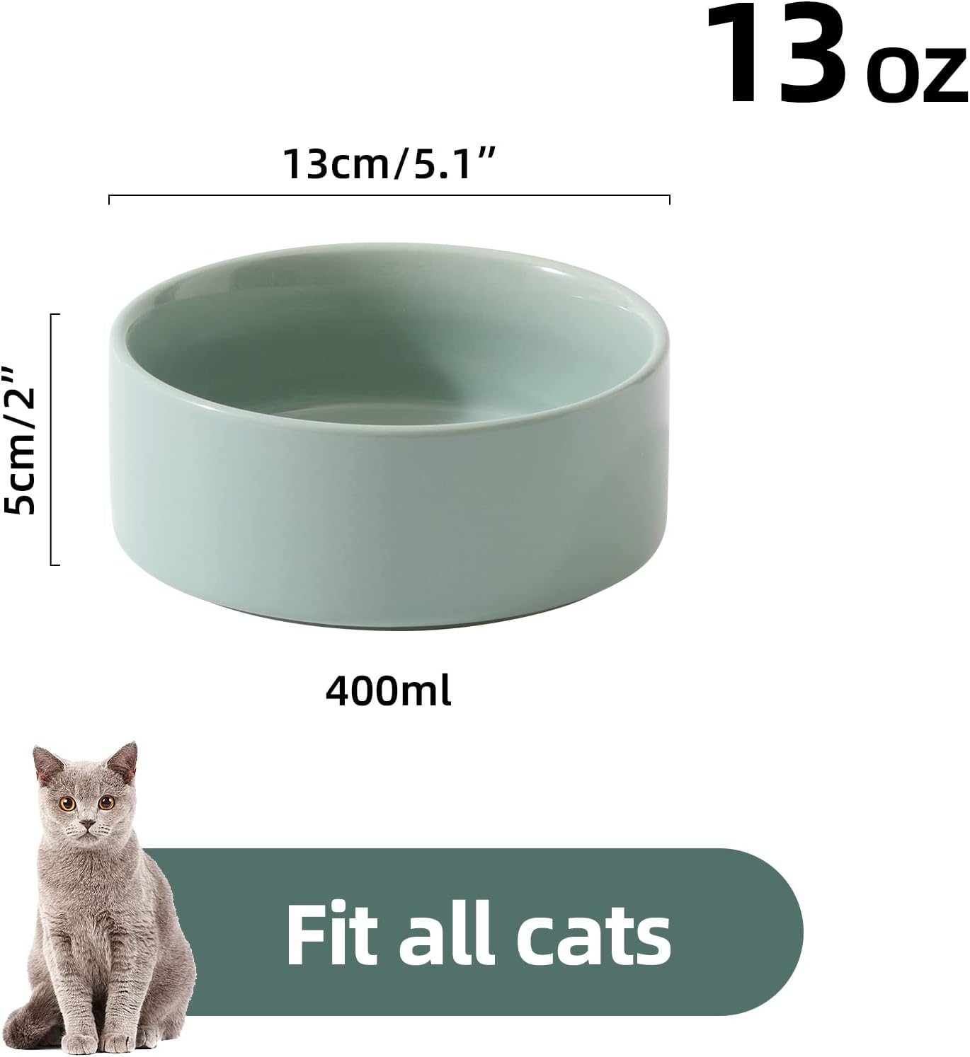 Ceramic 5.1inch Set of 2 Dog and Cat Bowls, 2pcs Anti-Slip Food and Water Feeder Dishes for Puppies, Kitties, Cats(2 Bowls, Light Green)