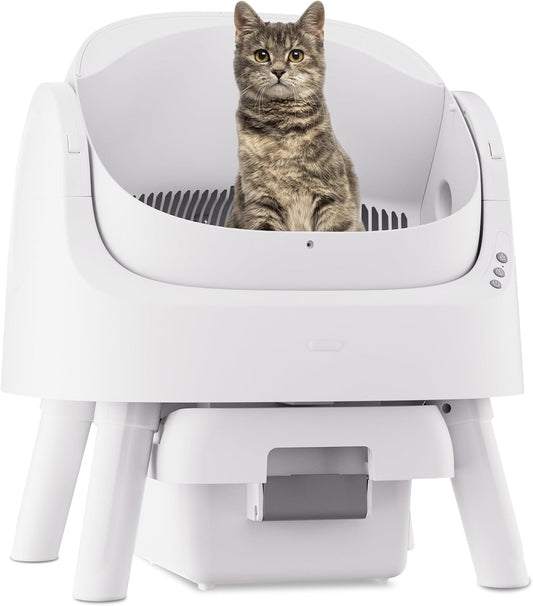 Automatic Litter Box, Open-Top Self Cleaing Litter Box with Safety Sensors and 10 L Waste Container, Suitable for Multiple Cats, White