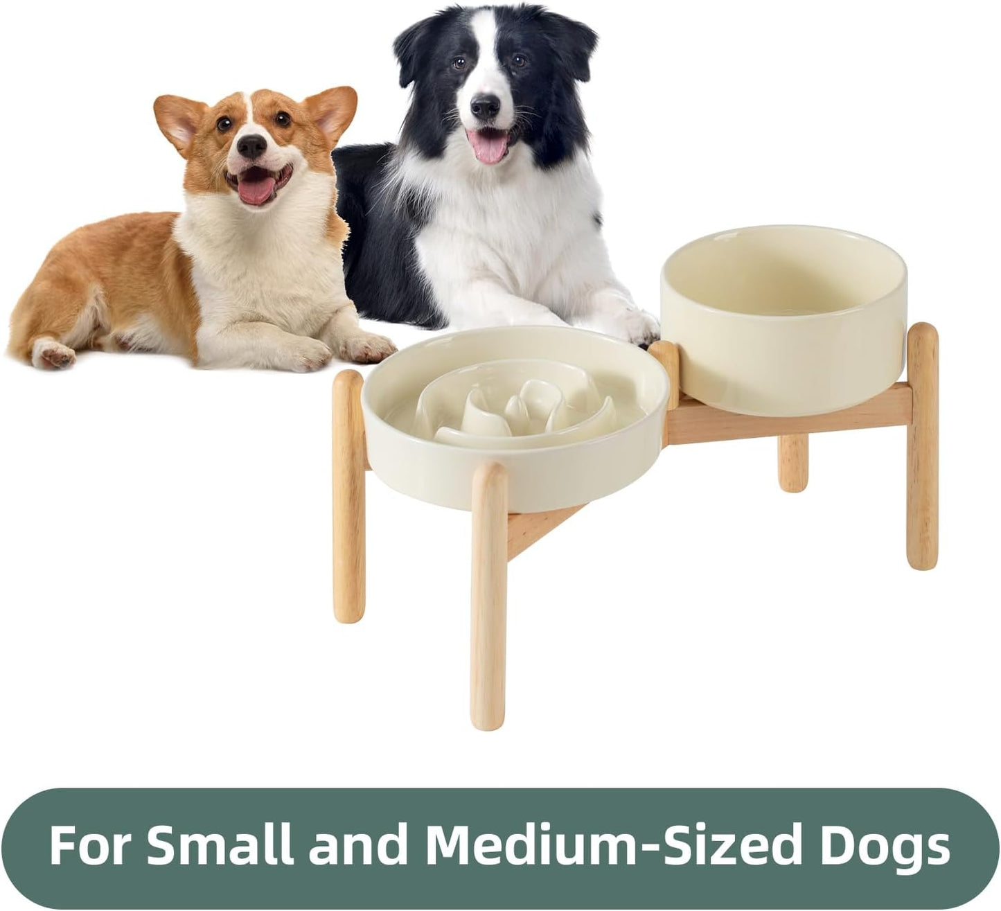 Ceramic Raised Slow Feeder Dog Bowl Set, Elevated 6.1inch Bowl and 7.3inch Puzzle Slow Food Dish with Wooden Stand for Small and Medium Dog, Anti-Gulping (2X Beige+ Stand)