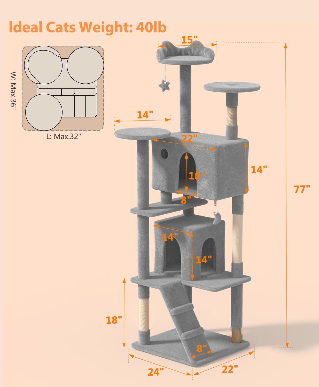 77'' Cat tree Tower for Indoor Cats Large Adult,Cute/Tall Modern Cat Tree for Big Cats 20 lbs,Plush Multi-Level Cat Condo with Scratching Posts,Dangling Ball for fun play(Light Gray, 77 inch)