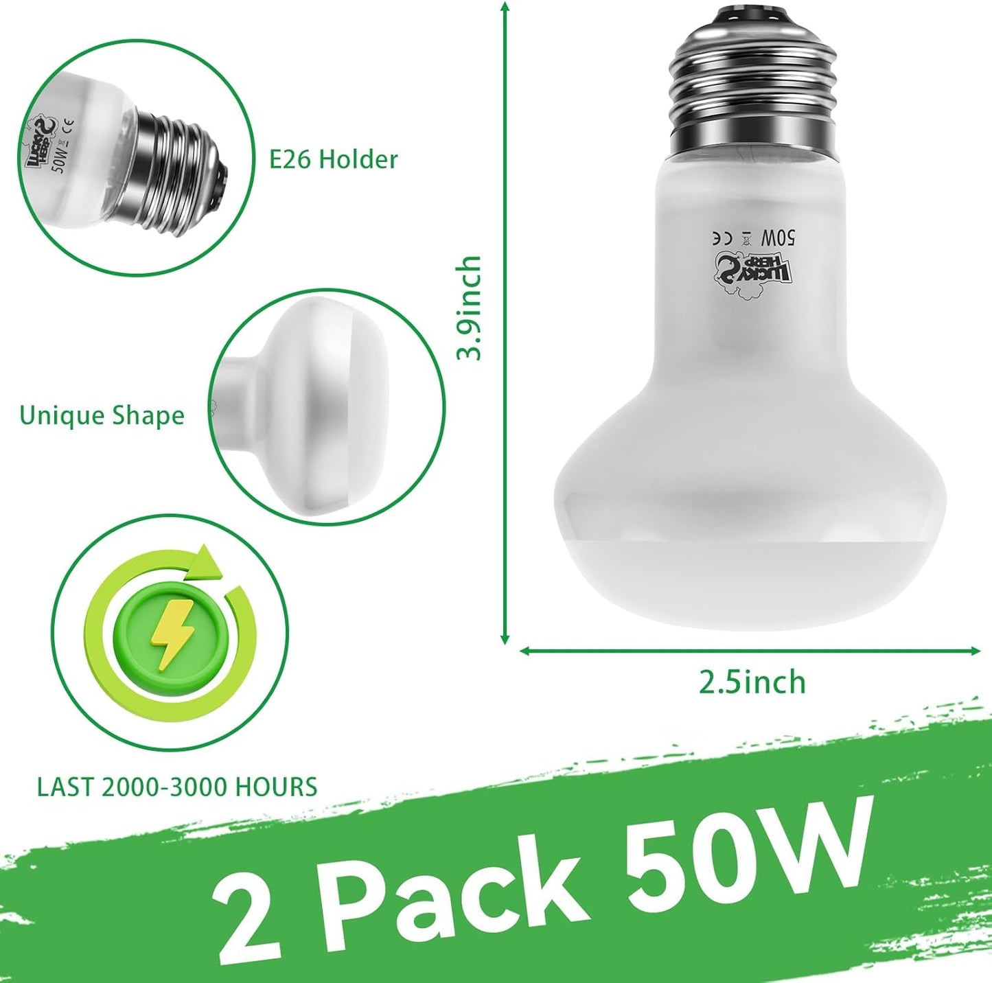 LUCKY HERP Intense Heat Lamp Bulbs for Reptiles 50W 2 Pack, UVA Daylight Reptile Heat Lamp, Reptile Basking Heat Light Bulb for Amphibian, Tortoise, Bearded Dragon, Lizard, Turtle, Snake Heating Use