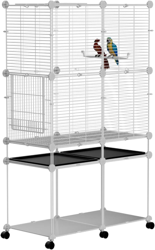 Standing Large Bird Cage, Parakeet Cage with Detachable Stand & Wheels, Wide Flight Birdcage for Parrot Cockatiel Conure Budgie Canary Finch Lovebird