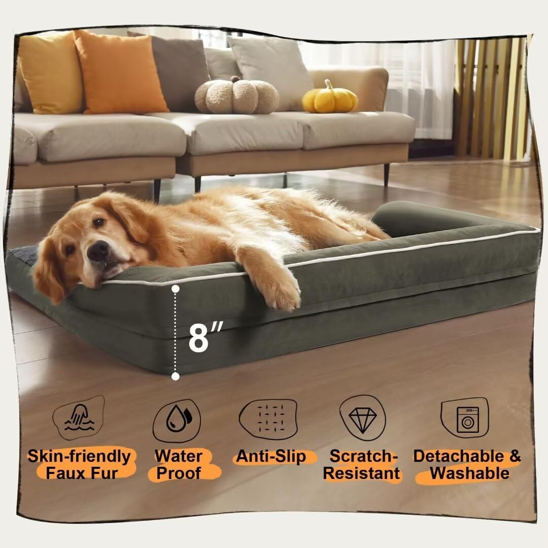 Large Dog Bed Orthopedic Washable - Beds Bolster Pet - XL Large Big Dogs - Memory Foam - Couch Sofa Bed- Waterproof with Removable Cover - Dark Green Dog Bed