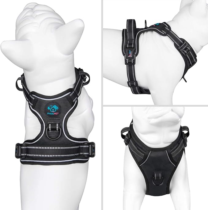 PHOEPET Reflective Dog Harness No Pull Large Breed Vest with 2 Metal Leash Attachment Hooks(XL, Black)
