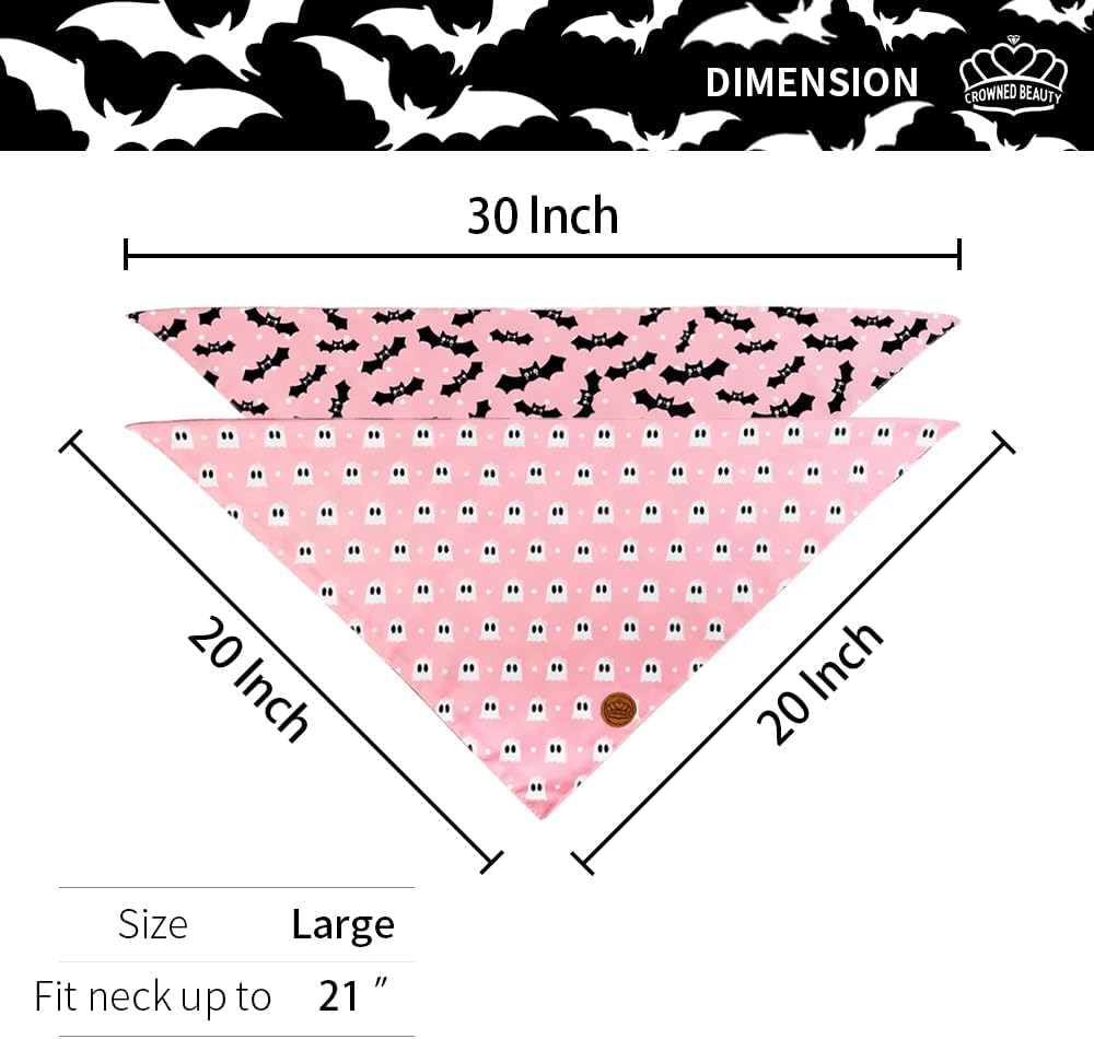 CROWNED BEAUTY Halloween Dog Bandanas Reversible Large 2 Pack, Ghost Bat Set, Buffalo Plaid Polka Dots Adjustable Triangle Scarves for Medium Large Extra Large Dogs Girl Boy Pets (Pink) DB76-L