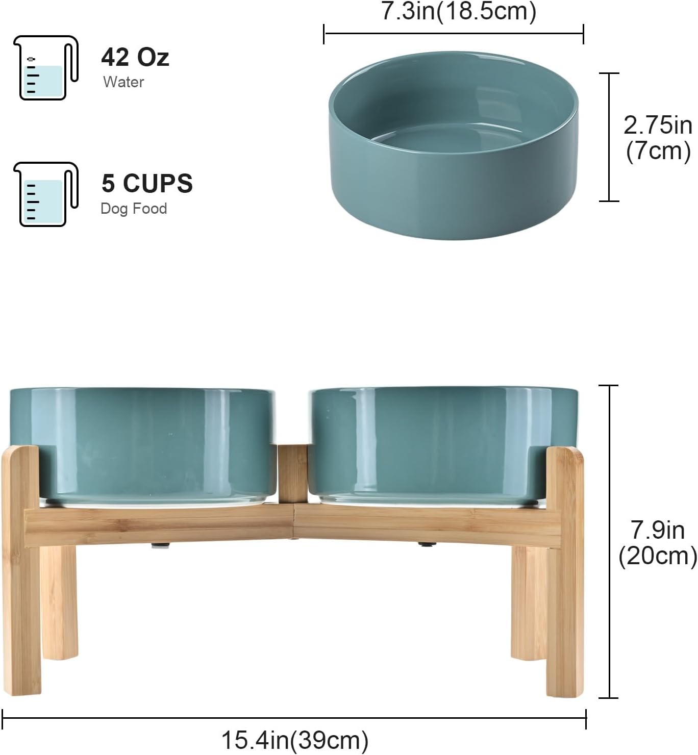 SPUNKYJUNKY Elevated Dog Bowls Ceramic, 7.3'' Dogs Food Water Bowls Raised with Non-Slip Bamboo Stand for Medium to Large Sized Breed Microwave Dishwasher Safe - 42 OZ,Dark Green
