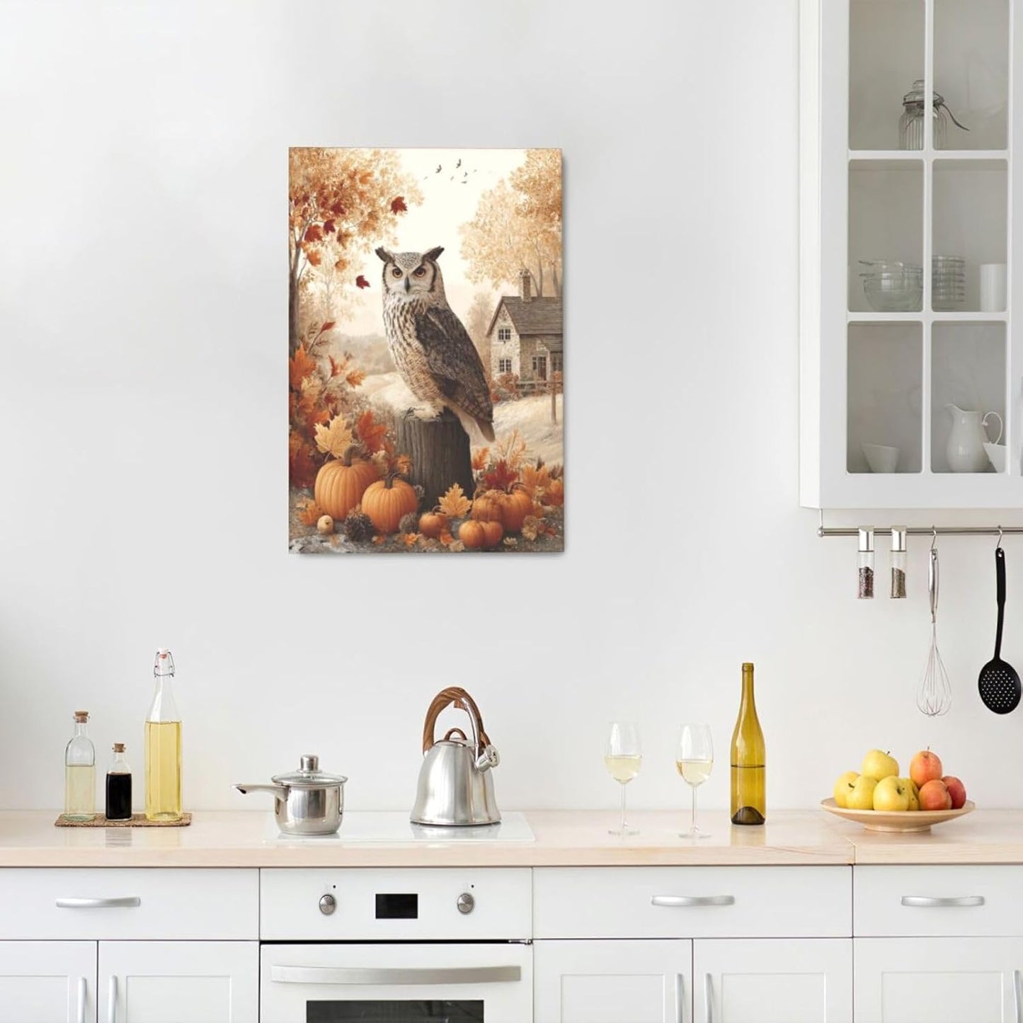 Fall Owl Wall Art Autumn Pumpkin Leaves Wall Decor Rustic Canvas Print Farmhouse Pictures Painting Print Framed Artwork Decorations Gifts for Living Room Bathroom Bedroom Office 16"x24"