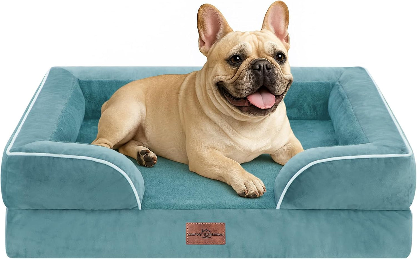 Comfort Expression Small Dog Beds Waterproof Orthopedic Foam Dog Sofa Beds for Medium Dogs Comfy Pet Bed with Washable Removable Cover & Non-Slip Bottom(Small,Washed Blue)