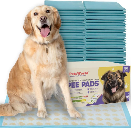 PETSWORLD Health Monitoring Dog Pee Pads – 37x54 Inch, 50 Count 3XL Color-Changing Potty Pads | Detects Health Issues | Leak-Proof, Ultra Absorbent, Odor Control