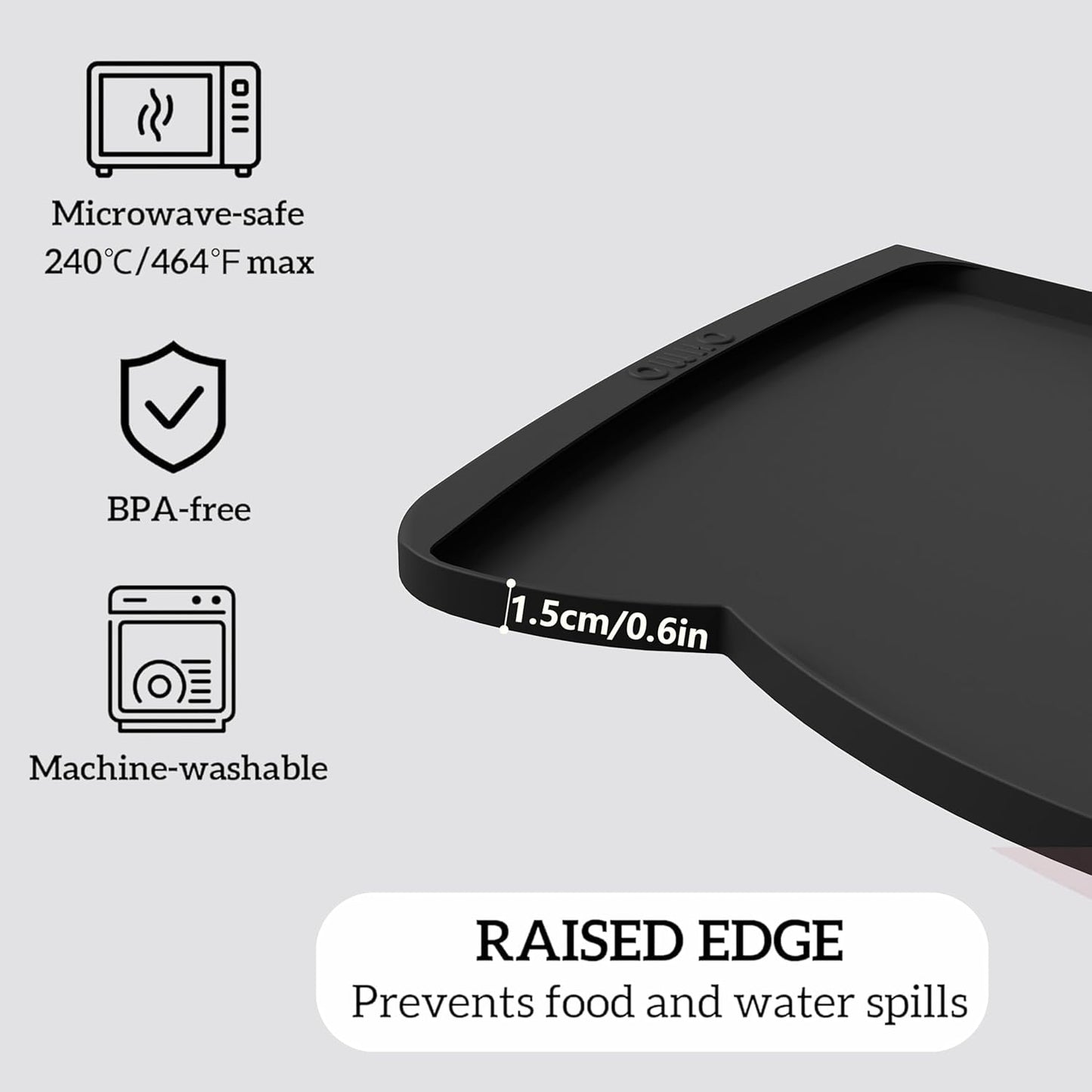 OHMO Dog Food Mat(Black, 24 * 15'') w/Residue Collection Pocket Silicone Pet Feeding Mat for Floor High Edges Anti Spills Waterproof Cat Water Bowl Tray, Easy Clean Placemat