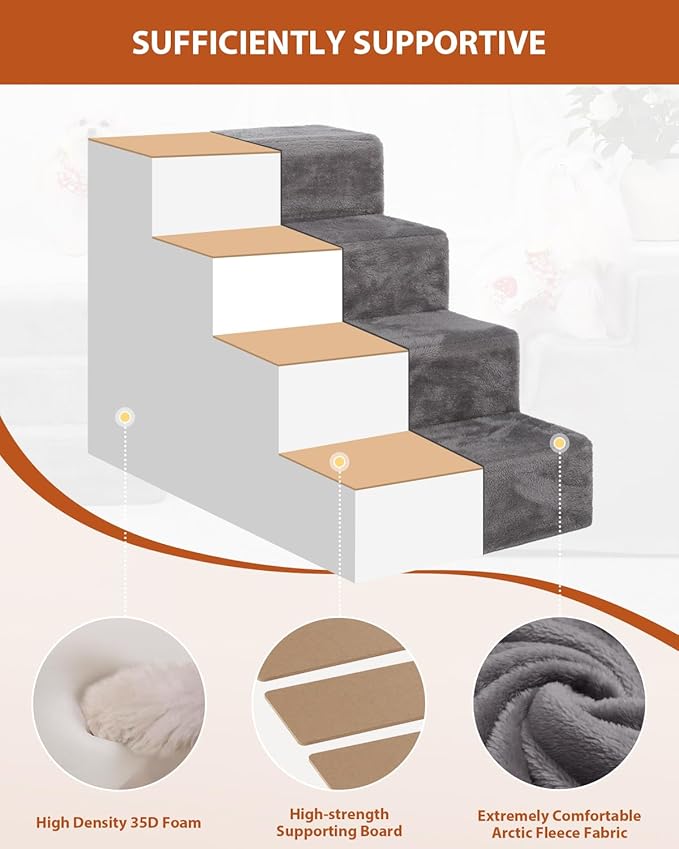Dog Stairs for Small Dogs,22" 5-Step Pet Stairs for High Beds and Couches，Dog Steps with Non-Slip Bottom and High-Density Foam Indoor Outdoor,Grey