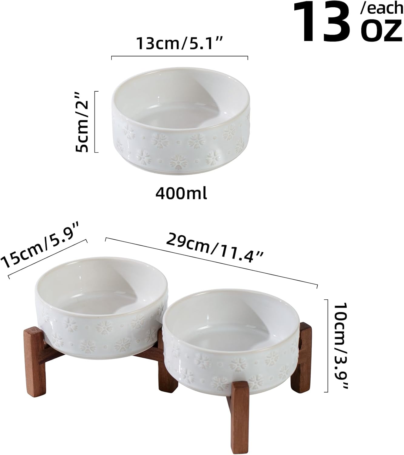 Ceramic 5.1inch Raised Double Bowls Set with Acacia Wood Stand, 2 Heights Elevated, Food & Water Bowls for Puppy, Kitty, Cats(13.5oz, Arctic White)