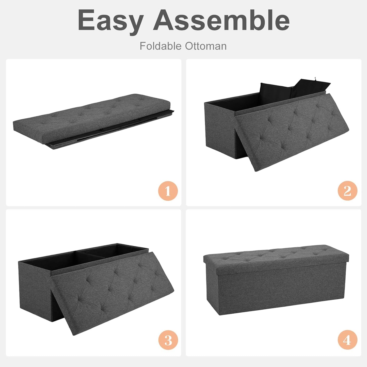 Sweetcrispy 43in Foldable Storage Ottoman, Storage Chest for Bedroom End of Bed, Large Ottoman Bench Foot Rest Stool with Padded Seat for Entryway Living Room, Support 660lbs 154L-Linen Cloth Grey