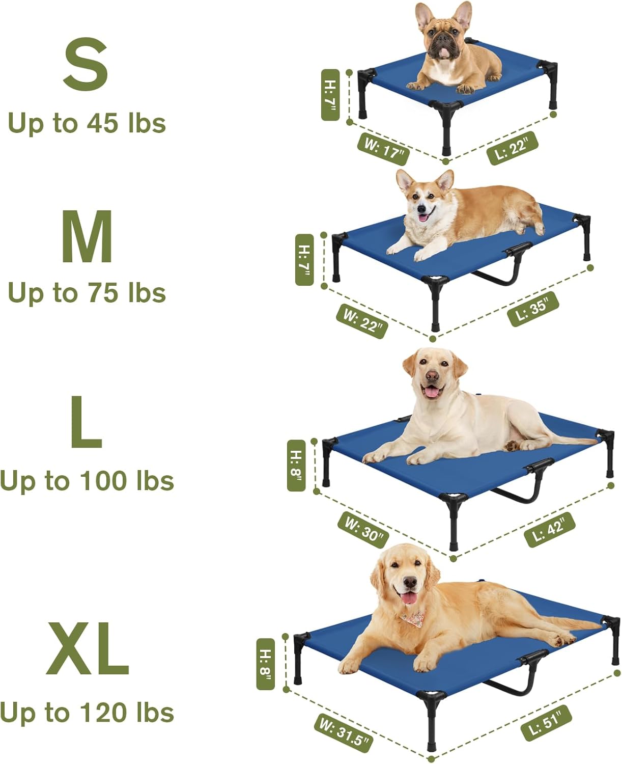 Elevated Dog Bed 42 Inch - Breathable Raised Pet Bed for Large Dogs, Waterproof Dog Cot Bed Easy to Assemble, Durable Portable Pet Cot with Non-Slip Feet, Blue