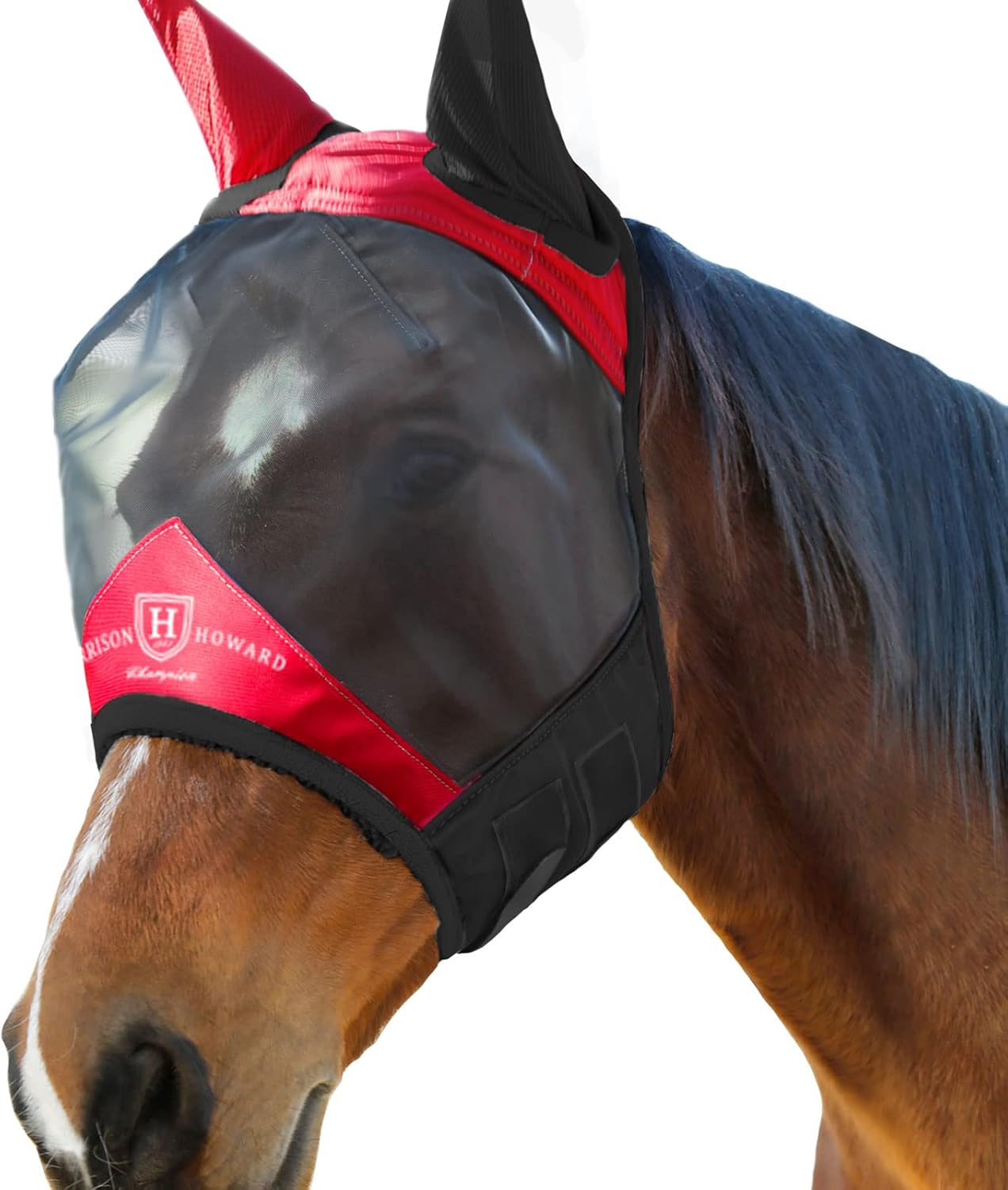 Harrison Howard Pro Luminous Horse Fly Mask Standard with Ears UV Protection for Horse Scarlet Red/Black XL Extra Full Size