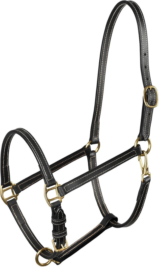 HORZE Fremont Soft Synthetic Leather Horse Halter | Fully Adjustable with Brass Hardware & Contrast Stitching - Black - Shetland