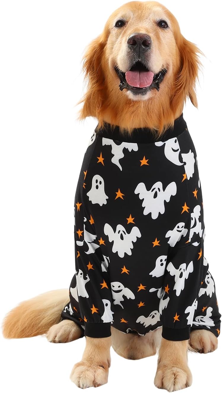 HDE Dog Pajamas One Piece Jumpsuit Lightweight Dog PJs Shirt for M-3XL Dogs Ghostly Stars - L